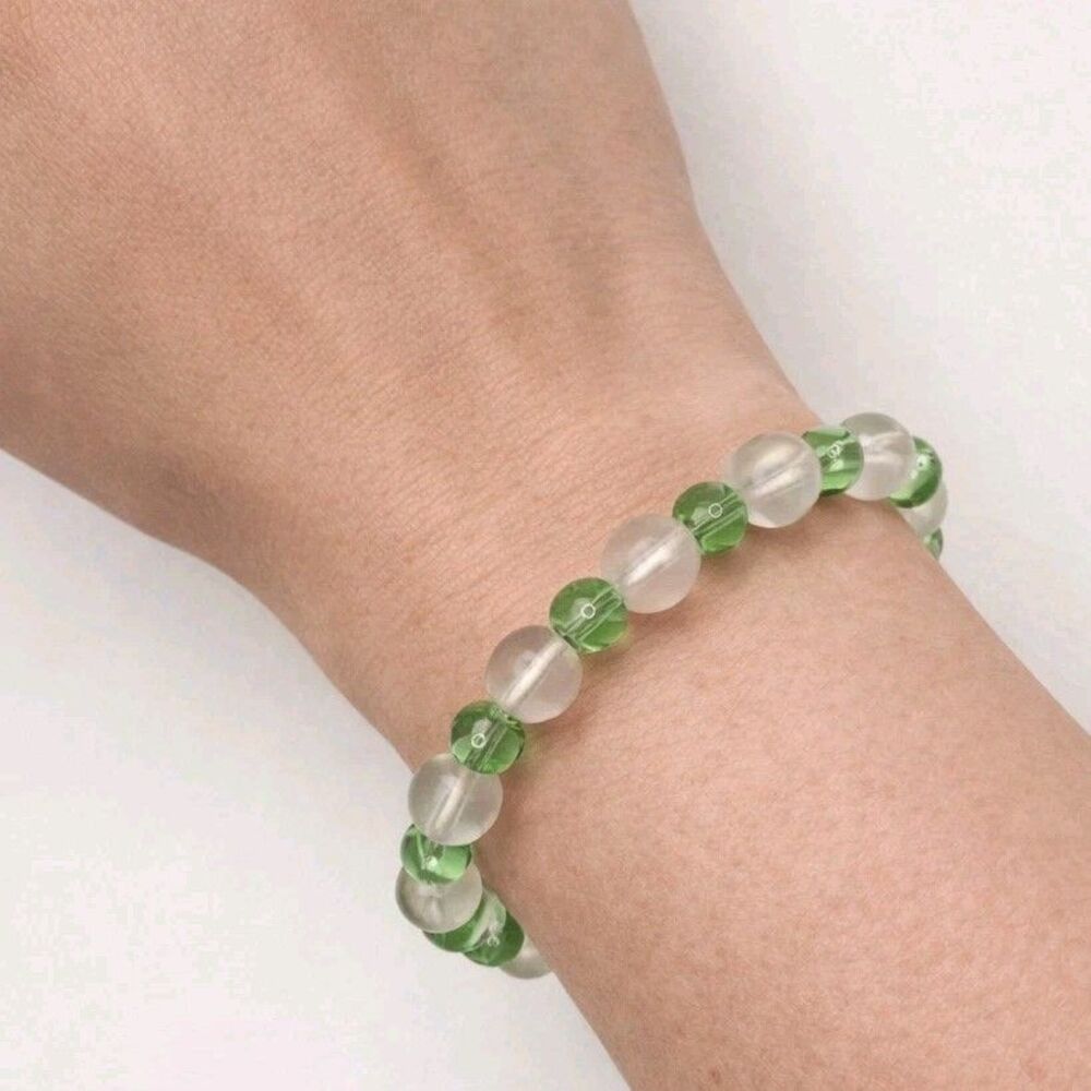 Stretch Green and White Translucent  Glass Bead Bracelet